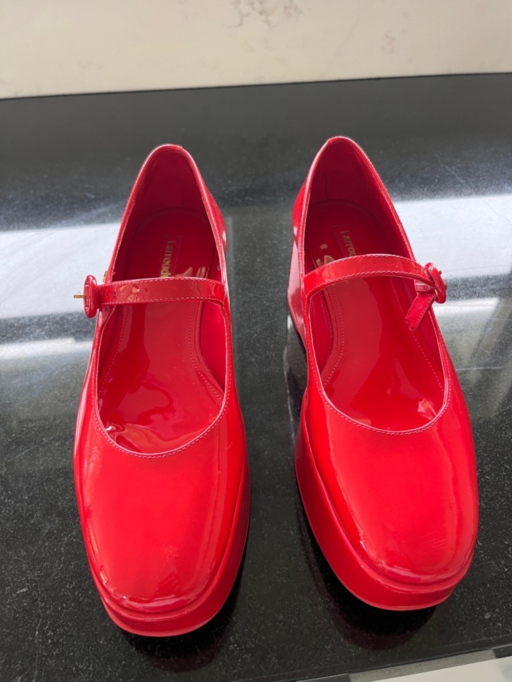 Larroude Blair Platform. Shiny Red Mary Jane Flats with Buckle Strap. Worn once